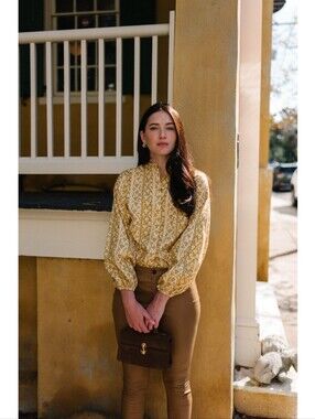 NWT Parterre Bryce Linen Cotton Button Down In Yellow Melograno Stripe Size 0